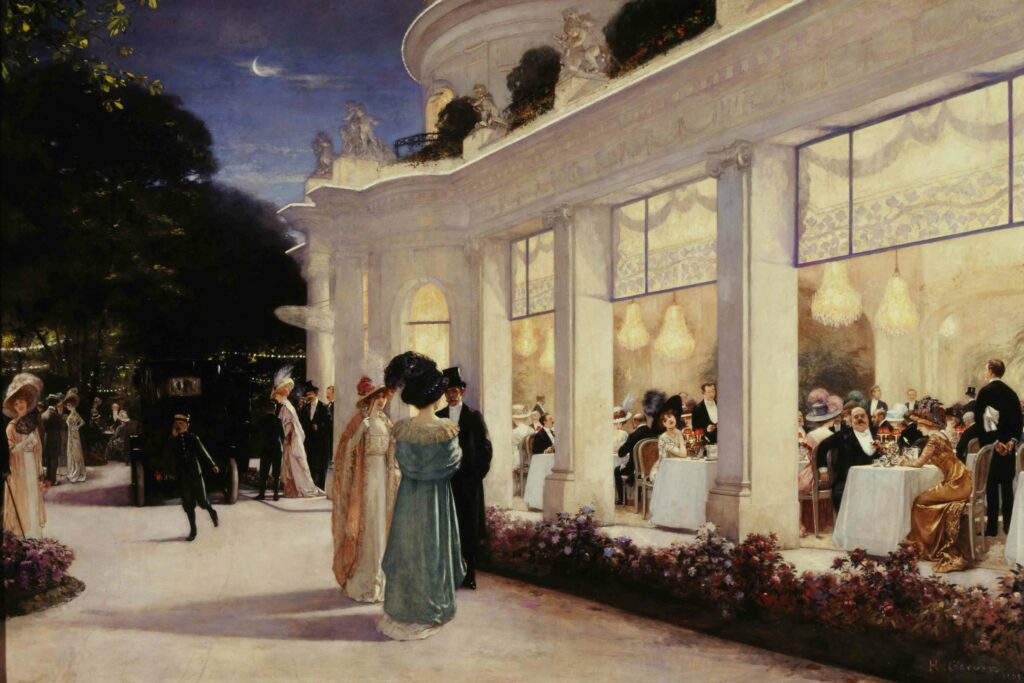 Henri Gervex (1852-1929). &#8220;Une soirée au Pré-Catelan&#8221;. Huile sur toile, 1909. (A l&#8217;extérieur, Anna Gould et Hélie de Talleyrand-Perigord. A l&#8217;intérieur, 1ère baie, à droite : Marquis de Dion. Baie au centre : Liane de Pougy. Baie à gauche : Santos-Dumont). Paris, musée Carnavalet.